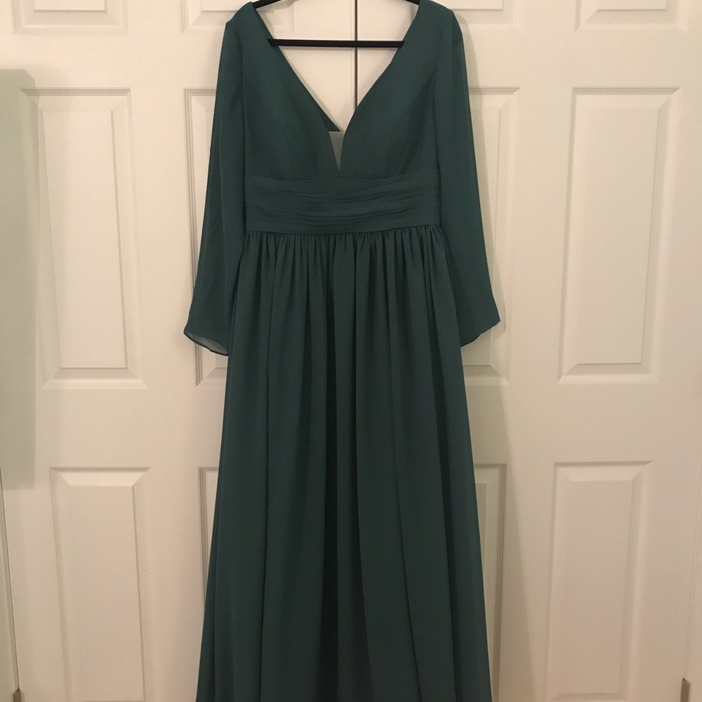 Emerald green ball gown, long sheer sleeves